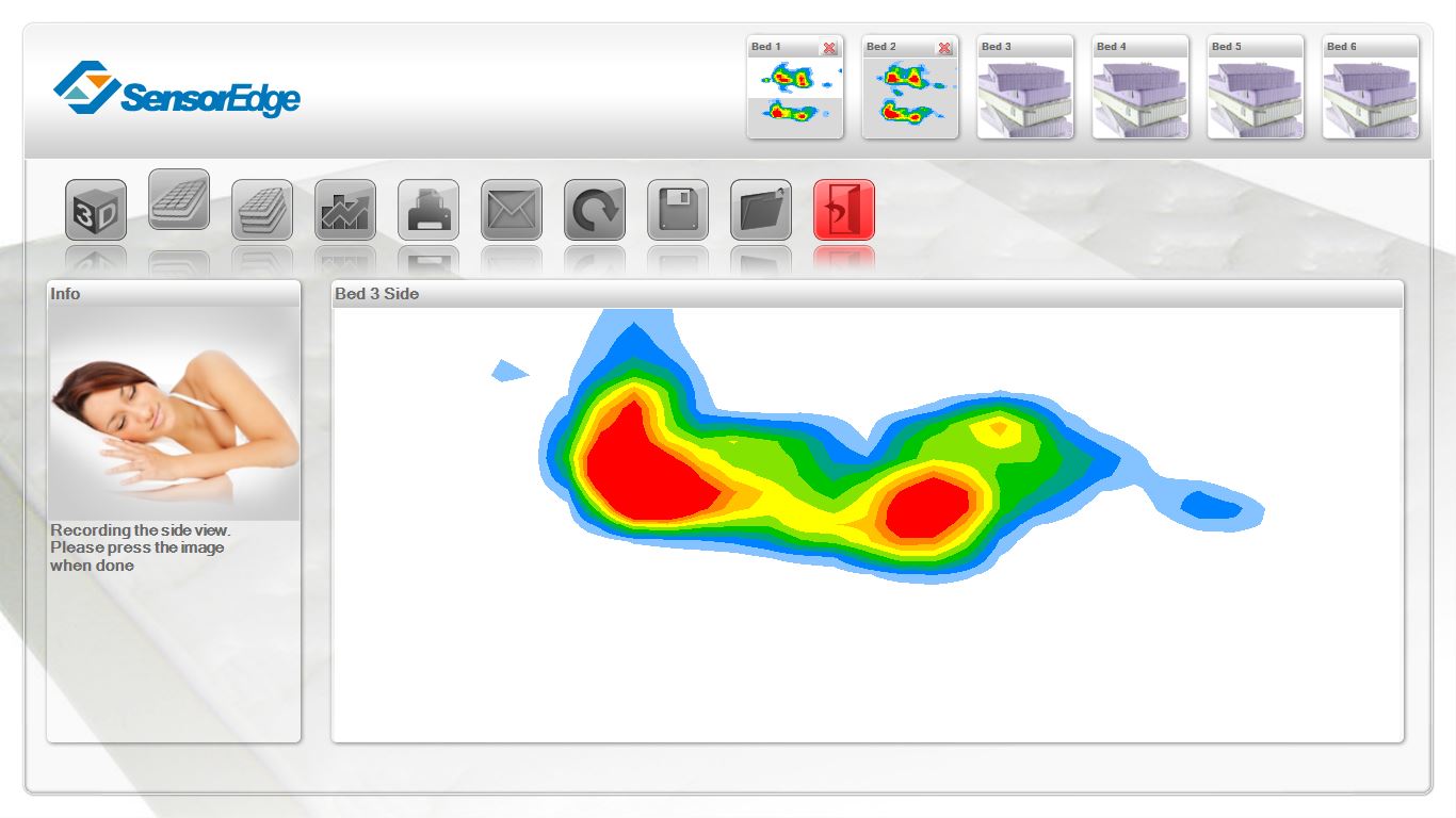 a screenshot of the Sleep System software with someone testing the mattress while laying on her side